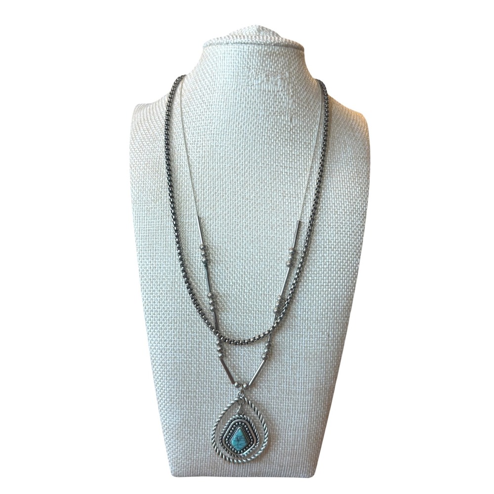 Western Boho Multi-Strand Turquoise Teardrop Pendant Necklace EUC Silver Tone